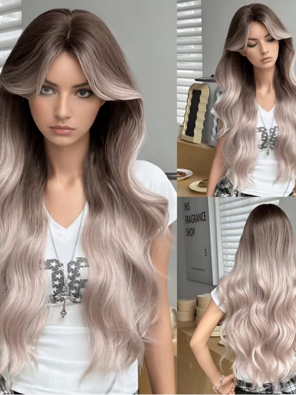 Long Wavy Ombre Lace Front Wig - Taupe to Silver Blonde
